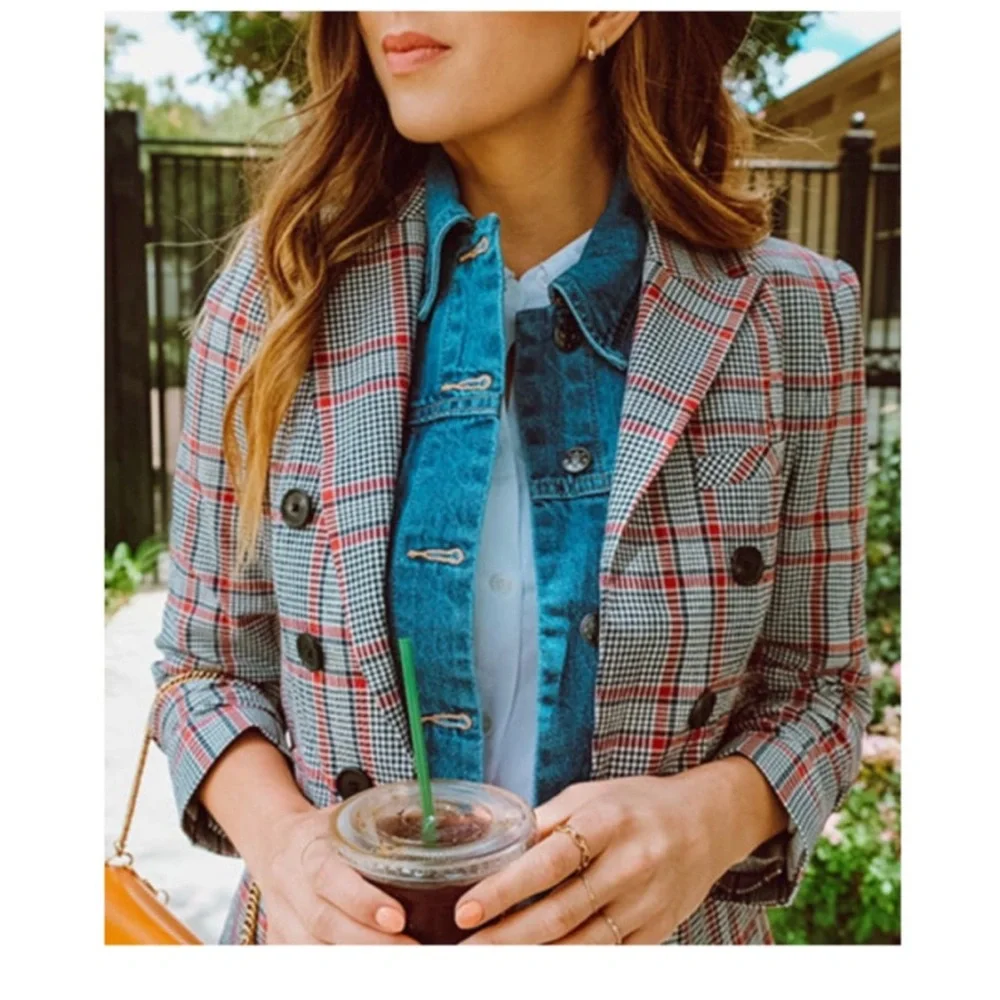 $650 Veronica Beard Plaid Caldwell Dickey Blazer Red Gray Navy Jacket Cotton 8 - Picture 14 of 14